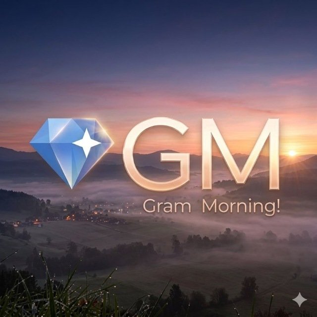 A 'GM (Gram Morning!)' greeting graphic featuring a blue diamond icon overlaid on a scenic mountain sunrise with mist and a village below.