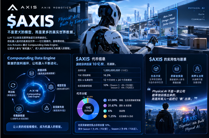 A promotional infographic for $AXIS by Axis Robotics featuring a futuristic humanoid robot, with text in Chinese and English describing 'Physical AI Built by Everyone,' the Compounding Data Engine, token information (10亿 total supply, TGE in Q3 2025), and distribution details.