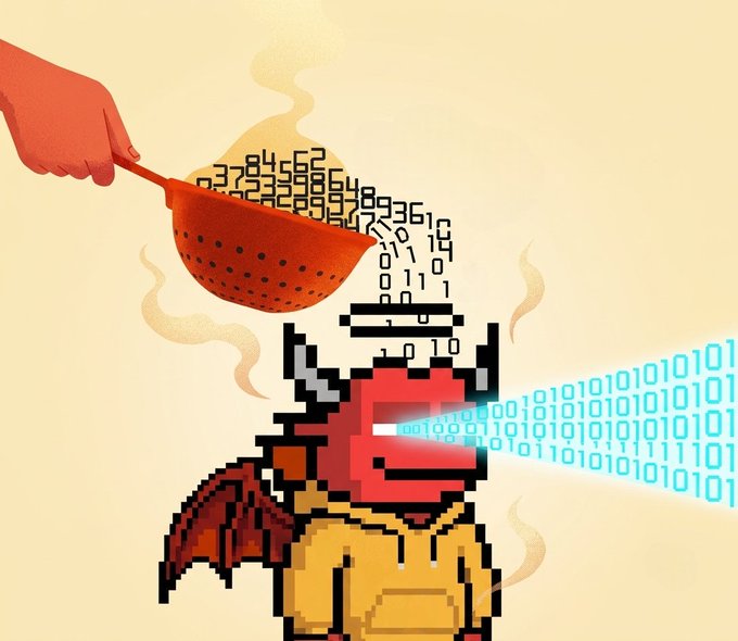 A pixel-art illustration depicting a horned character being fed binary code by a slotted spoon held by a hand, while the character breathes out binary digits, symbolizing data processing or mining.