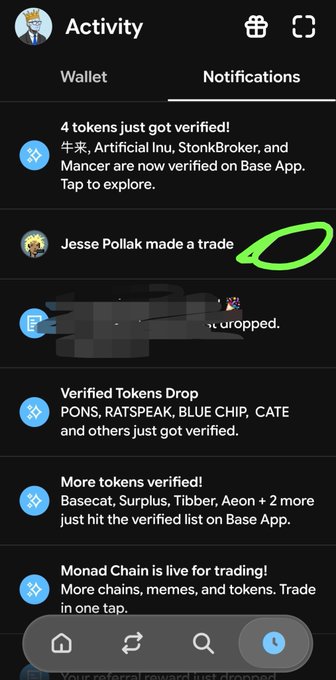 The image shows the Notifications tab in the Base App activity feed, where a green circle highlights a notification that "Jesse Pollak made a trade" — illustrating the user's request for a "copy trade" button that would let them instantly mirror trades made by others like Jesse Pollak. The feed also displays other notifications about verified tokens (including PONS, RATSPEAK, BLUE CHIP, CATE, Basecat, Surplus, Tibber, and Aeon) and the launch of Monad Chain for trading.
