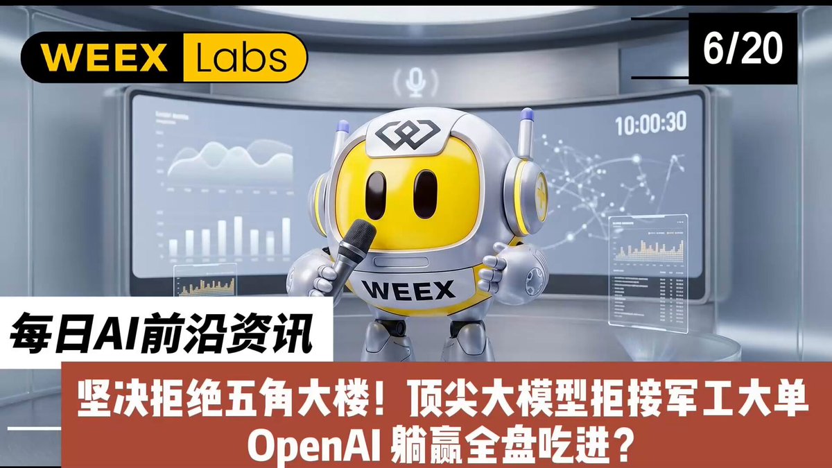 The image displays a cartoon robot with a microphone, positioned behind a computer monitor that shows some graphs. The text below the robot indicates that the robot is part of the Weex Labs team and features AI technology related to natural language processing. It also reads a question about the current state of AI in the industry or the potential applications of AI for robots like this one.
