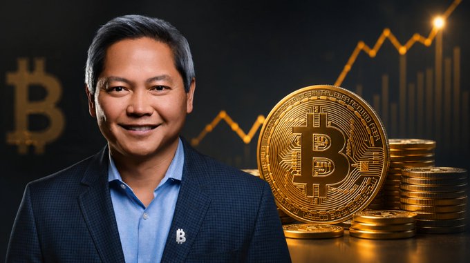 A man in a blue shirt and blazer smiling in front of a background featuring a Bitcoin logo, gold Bitcoin coins, and a rising line graph chart.