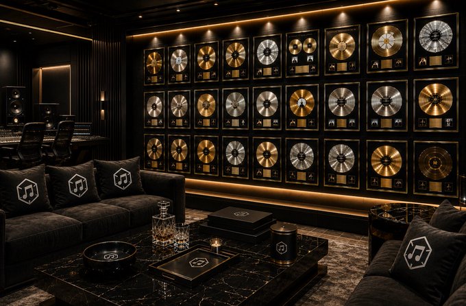 A luxurious dark-themed room featuring walls lined with framed gold and platinum records, plush black sofas with hexagonal logos, and a marble coffee table with decorative items.