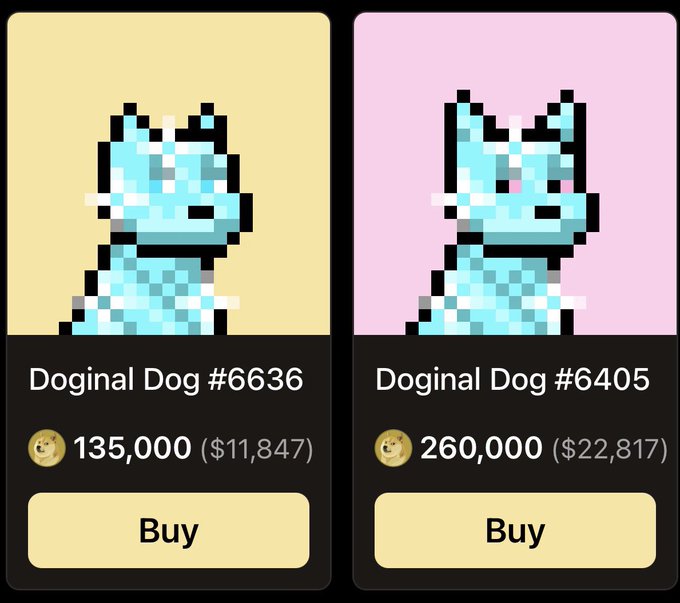 Two pixel-art 'Doginal Dog' NFTs (#6636 and #6405) are listed for sale at 135,000 and 260,000 Dogecoin respectively.