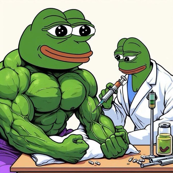 The image shows a muscular Pepe the Frog receiving an injection from a doctor Pepe, symbolizing a "dose" of strength or boost. This visually reinforces the post's claim that $PEPE is about to pump hard, depicting the meme coin being injected with bullish energy to power up its price movement.