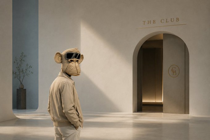 A monkey wearing a white jacket and sunglasses stands outside an arched doorway labeled "THE CLUB," with a gold logo on the door matching the post's reference to "Ape #29" as a member gaining exclusive access.