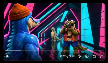 A screenshot from an animated video showing two blue lizard-like characters in a neon-lit hallway, with one wearing an orange beanie and the other holding a camera, timestamped 0:25 / 2:28.
