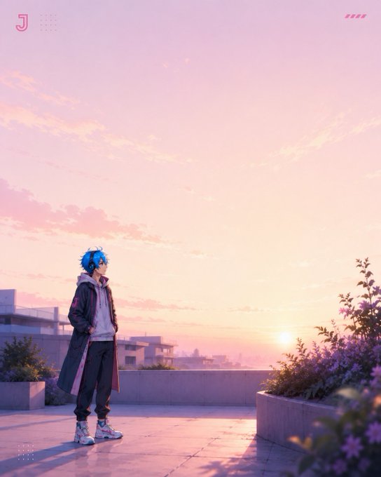 An anime-style illustration of a blue-haired young man in a long dark coat standing on a rooftop at sunset, with a pink and orange sky in the background.