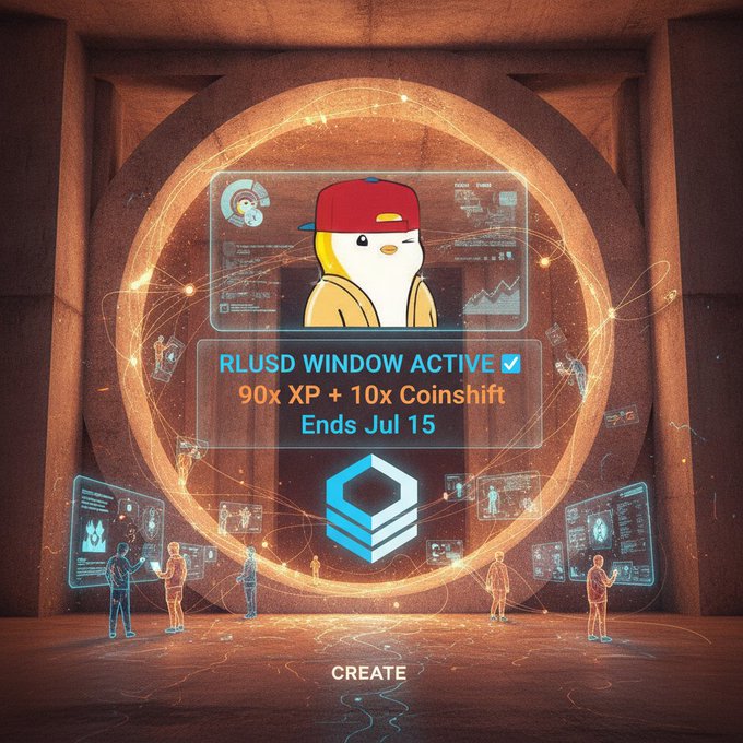 Digital promotional artwork featuring a penguin character announcing 'RLUSD WINDOW ACTIVE - 90x XP + 10x Coinshift, Ends Jul 15' with a CREATE button.