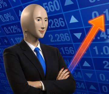 The image features a mannequin dressed in business attire, standing against a blue background with an upward-pointing arrow. The text "It's time to bring the BNB community together around a meme." is also present in the image.