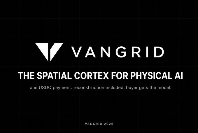 A black graphic with white text reading "VANGRID - THE SPATIAL CORTEX FOR PHYSICAL AI" along with "one USDC payment. reconstruction included. buyer gets the model." and "VANGRID 2026" at the bottom.