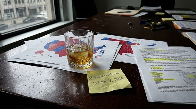 A glass of whiskey sits on a wooden conference table beside electoral maps and highlighted documents, with a yellow sticky note reading "@TheVictorBuble October 7, 2026" — visually capturing the political maneuvering described in the post, where crypto-backed Fairshake PAC is pouring over $100M into 2026 midterm candidates who supported the CLARITY Act.