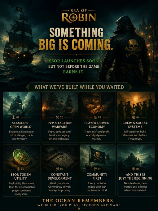 A promotional infographic for 'SEA OF ROBIN' with the text 'SOMETHING BIG IS COMING' and 'S$OR LAUNCHES SOON BUT NOT BEFORE THE GAME EARNS IT.', listing features like 'SEAMLESS OPEN WORLD' and 'PVP & FACTION WARFARE'.