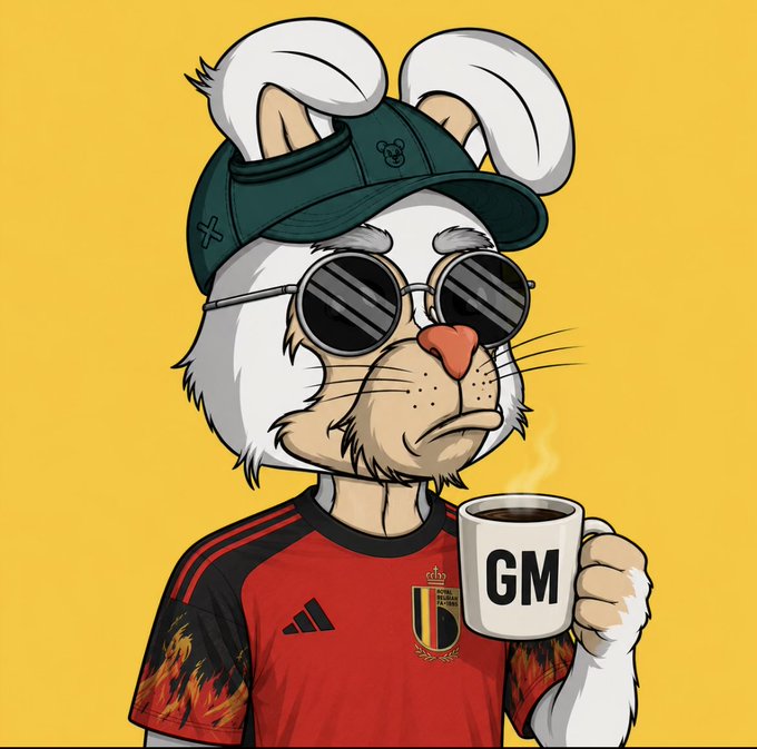 A stylized white rabbit character wearing sunglasses and a green cap holds a coffee mug labeled "GM," dressed in a red Belgium national team soccer jersey with flames on the sleeves, fitting the "#GM Hoppy Tuesday" vibe while celebrating Belgium's win.

$BTC at $63.00k
