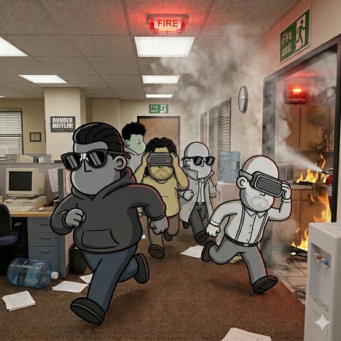 An AI-generated cartoon scene showing office workers wearing VR headsets running through a burning office building with 'FIRE' signs, 'Dunder Miflin Paper' sign visible on the wall, and one labeled 'SmokeJFire'.