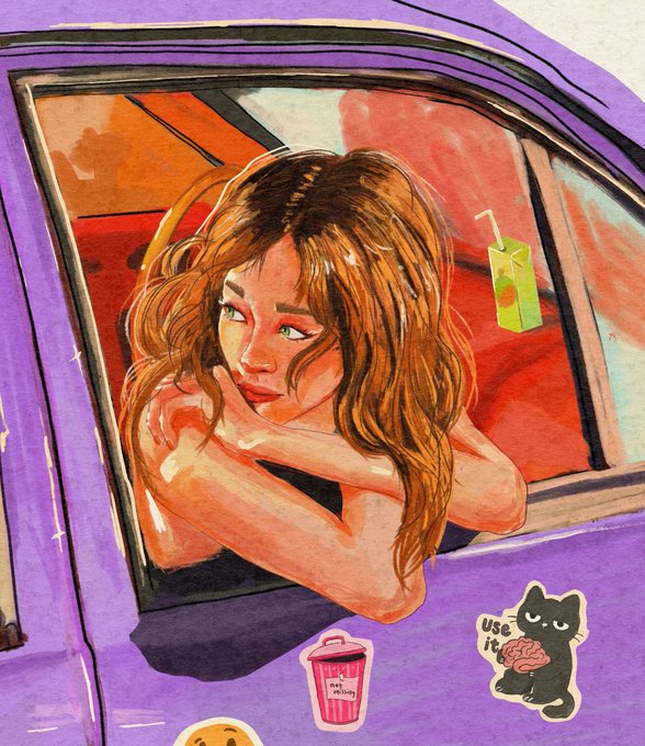 A colorful digital illustration of a young woman with wavy brown hair looking out a car window, with small stickers of a boba cup and a cat holding a brain visible on the car door.