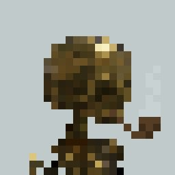 A pixel art sprite of a brown skeletal or zombie-like figure with gold accents, appearing to smoke or exhale white vapor, set against a light blue background.