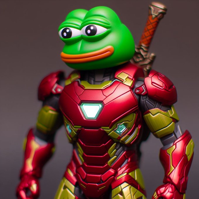 A 3D render of a Pepe the Frog character wearing a red and gold Iron Man-style suit of armor, complete with a glowing chest reactor and a sword on its back.