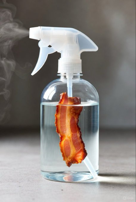 A clear spray bottle contains water with a strip of cooked bacon suspended inside, with vapor or smoke escaping from the spray nozzle.