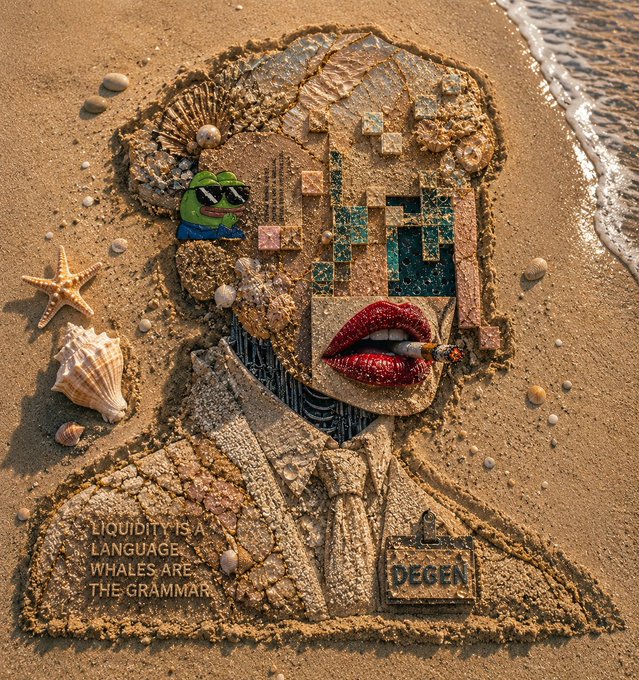 An artistic sand mosaic depicting a figure in a suit with pixelated sunglasses and red lips holding a cigar, featuring a Pepe the Frog character, with the text 'LIQUIDITY IS A LANGUAGE, WHALES ARE THE GRAMMAR' and a 'DEGEN' ID badge.