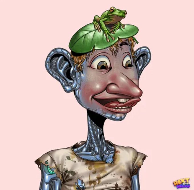 A cartoon robot with a frog on its head smiles against a pink background, with a "REKT STUDIO" logo in the bottom right corner, playfully matching the casual "Happy Sunday fam!" greeting.