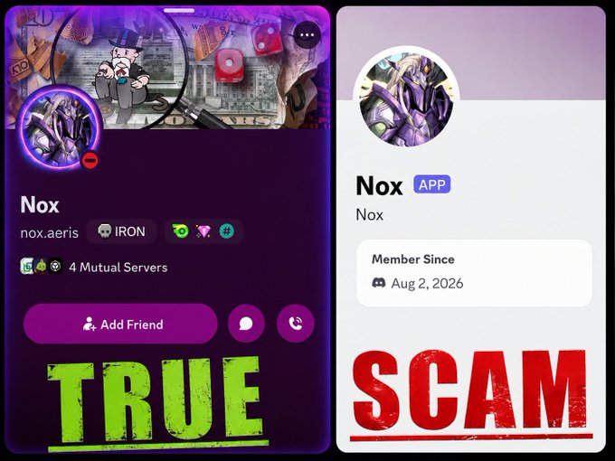 Two Discord profile screenshots of a user named 'Nox' with the username 'nox.aeris', labeled 'TRUE' in green on the left and 'SCAM' in red on the right.
