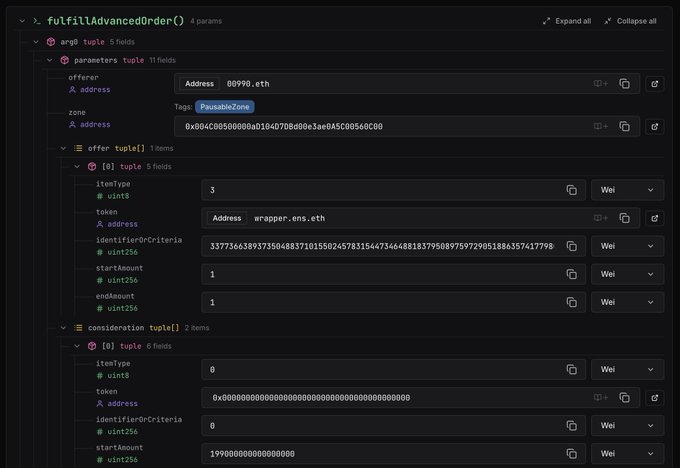 A screenshot of a blockchain interface showing the parameters for a 'fulfillAdvancedOrder' function on a 'PausableZone', including offer details, item type, token address, and amounts in Wei.
