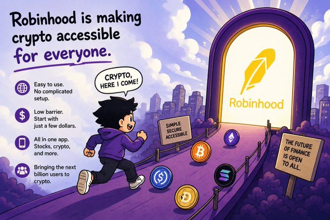 A promotional graphic features a cartoon character running toward a glowing Robinhood door, with text reading 'Robinhood is making crypto accessible for everyone' alongside bullet points highlighting ease of use, low barriers, all-in-one services, and user growth.