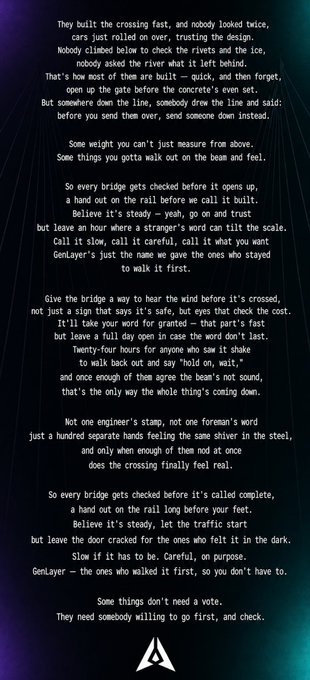 A block of text on a dark background appears to be a poem or lyrics about engineering and building bridges, mentioning 'nobody,' 'genlayer,' and a logo at the bottom.