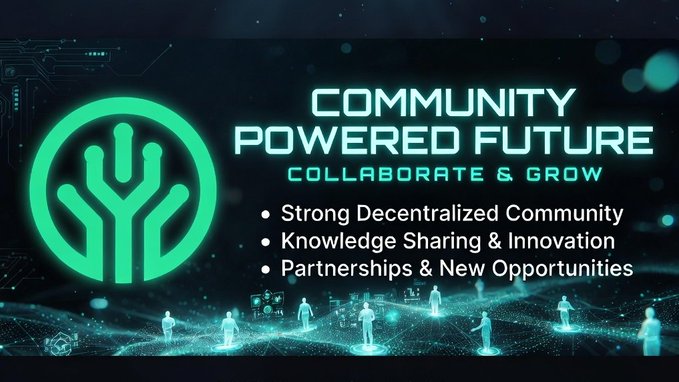The image is a graphic for "CNPY Network" (Canopy Network) featuring a glowing green tree-like logo alongside the tagline "COMMUNITY POWERED FUTURE - COLLABORATE & GROW," with bullet points highlighting "Strong Decentralized Community," "Knowledge Sharing & Innovation," and "Partnerships & New Opportunities." Silhouettes of people connected by digital networks at the bottom reinforce the post's message about the importance of community engagement in decentralized projects, visually illustrating how collaboration and shared knowledge build a strong foundation for platforms like CNPY Network.