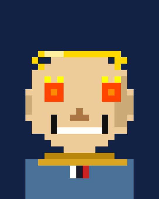 A pixel art character with a tan face, bright orange/red eyes, yellow crown, and blue outfit appears against a dark navy background. The image likely serves as the NFT being offered in the free mint promotion for @robingangz, with viewers instructed to drop their EVM wallet address to claim it within the 10-minute window.
