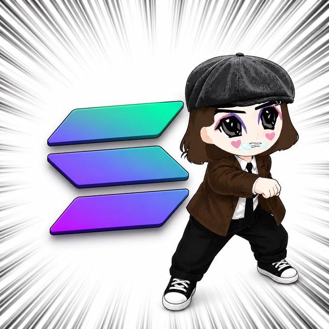 A chibi-style character in a flat cap and brown suit stands excitedly next to the Solana logo, with heart-shaped eyes and a ready-to-fight pose against a dramatic radiating background. The image visually represents the bullish enthusiasm and renewed hype for Solana ($SOL) mentioned in the post, capturing the "hungry and active" energy of the Solana community.