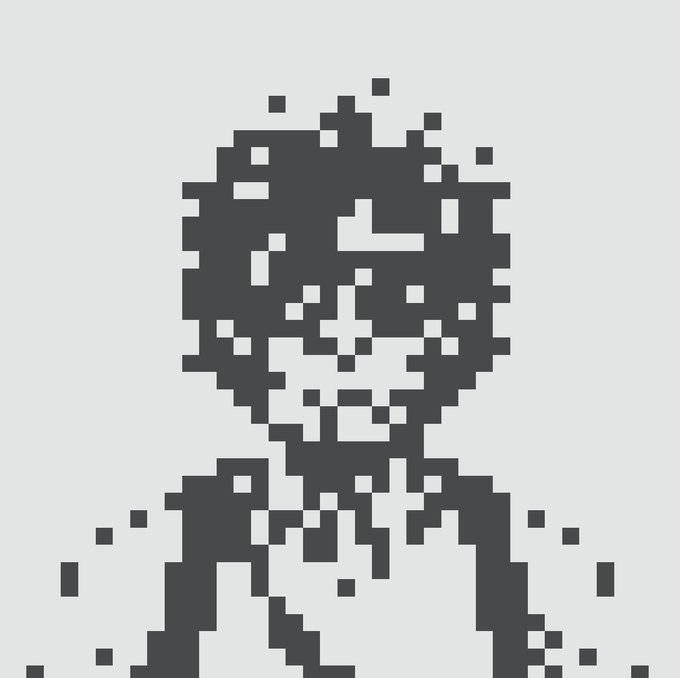 Pixel art style portrait of a person rendered in dark grey blocks against a light grey background, appearing fragmented or glitched.