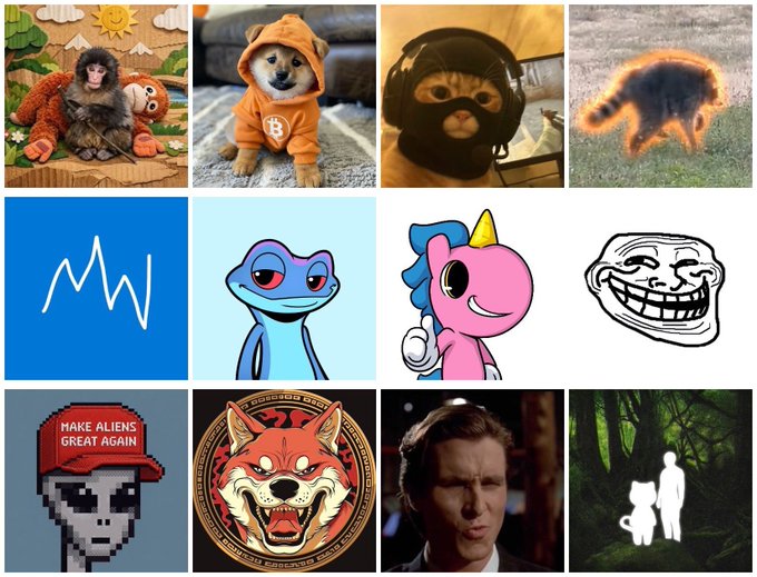 A grid of 12 meme images including a baby monkey with a teddy, a Shiba Inu in a Bitcoin hoodie, a cat in a beanie, a troll face, an MW logo, and a 'MAKE ALIENS GREAT AGAIN' alien.