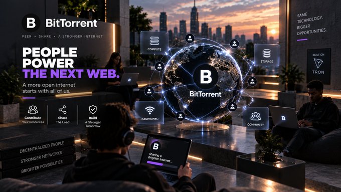 A BitTorrent promotional banner stating 'PEOPLE POWER THE NEXT WEB', showing people using devices around a holographic globe with labels like 'COMPUTE', 'STORAGE', and 'BANDWIDTH', noting it is 'BUILT ON TRON'.
