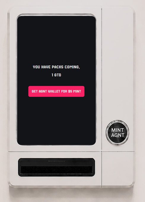 A digital illustration of a vending machine with a screen displaying 'YOU HAVE PACKS COMING, 1 GTD' and a pink button reading 'GET AGNT WALLET FOR 85 MINT,' alongside a dispenser labeled 'MINT AGNT.'