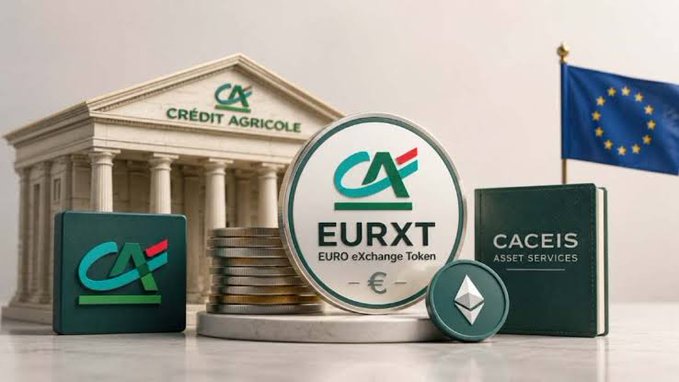 The image shows a promotional display featuring the Crédit Agricole logo on a classical building facade, alongside an EU flag, a token labeled "EURXT EURO eXchange Token" with a € symbol, and a book marked "CACEIS ASSET SERVICES" — visually representing Crédit Agricole's CACEIS unit launching its MiCA-compliant euro stablecoin, $EURXT, on Ethereum.