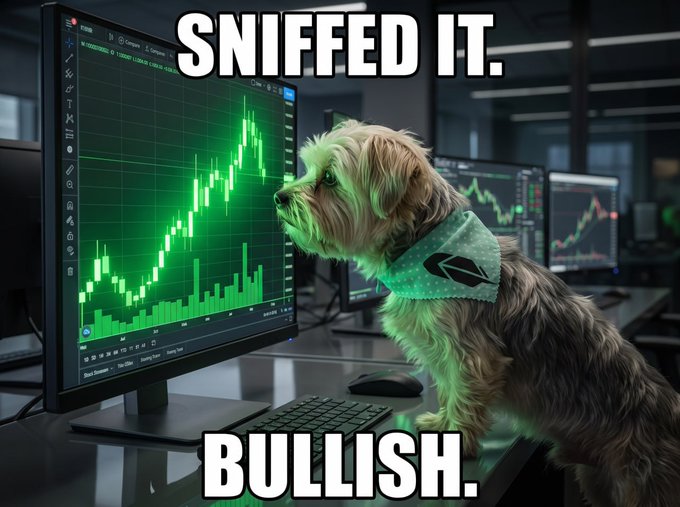 A meme featuring a dog wearing a green bandana looking at a stock chart with green candles, captioned 'SNIFFED IT.' at the top and 'BULLISH.' at the bottom.
