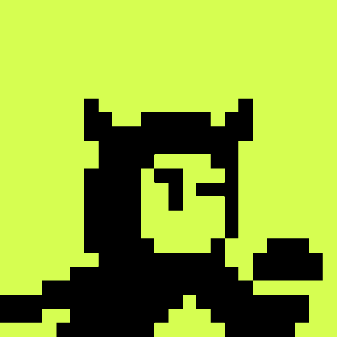A black pixel-art character silhouette against a bright yellow-green background.