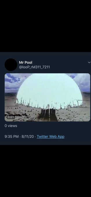 The image shows a tweet from user "Mr Pool" (@looP_rM31l_7211) posted at 9:35 PM on 8/11/20, featuring what appears to be an animation of a glowing dome-like structure in a desolate landscape. The tweet has 0 views, and the caption "so close..." paired with the dome imagery suggests a feeling of being near a goal or destination just out of reach.