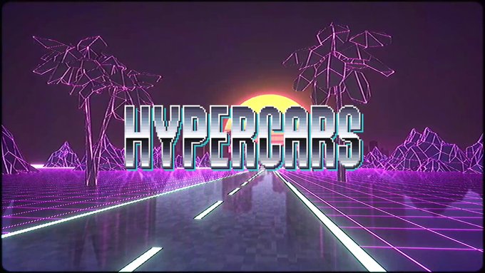A retro synthwave-style digital artwork displays the text 'HYPERCARS' in chrome lettering over a neon purple grid landscape with palm trees and a setting sun.