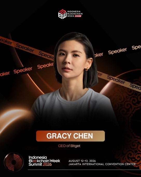 A promotional speaker graphic for Gracy Chen, CEO of Bitget, announced as a speaker at the Indonesia Blockchain Week 2026 and Indonesia Blockchain Summit 2026 on August 12-13, 2026 at the Jakarta International Convention Center.