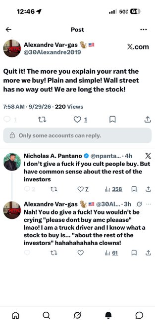 A screenshot of an X (Twitter) post by 'Alexandre Var-gas @30Alexandre2019' dated 9/29/26 saying 'Quit it! The more you explain your rant the more we buy! Plain and simple! Wall street has no way out! We are long the stock!' followed by a reply from 'Nicholas A. Pantano'.