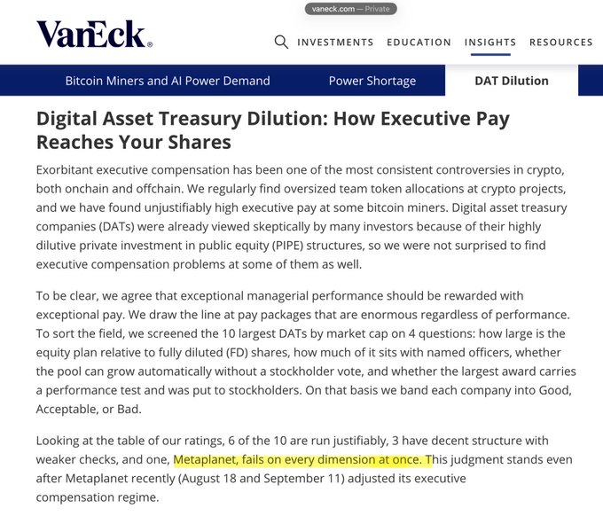 A VanEck webpage article titled 'Digital Asset Treasury Dilution: How Executive Pay Reaches Your Shares', discussing DAT compensation issues and highlighting 'Metaplanet, fails on every dimension at once'.