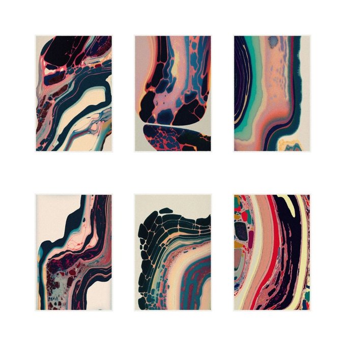 A grid of six abstract marbled artworks featuring swirling patterns in teal, navy, coral, and cream tones.