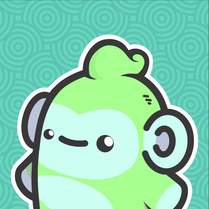 Cute cartoon illustration of a green monkey character with a curly tuft of hair, large round eyes, and a smile against a green background with circular pattern designs.