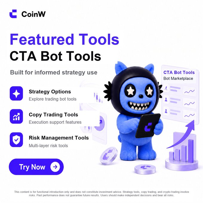 CoinW's "Featured Tools" CTA Bot Tools section highlights Strategy Options, Copy Trading Tools, and Risk Management Tools with a "Try Now" button, promoting their Strategy Hub where users can access quant strategies like Futures Grid, Spot Grid, Futures Martingale, and Futures Combo all in one place.