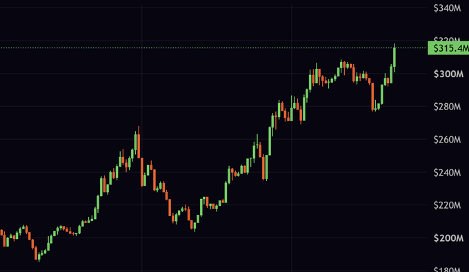 A candlestick chart shows a volatile uptrend from around $200M to a peak of $315.4M (highlighted in green), with several pullbacks along the way before pushing to new highs. The "price discovery" message refers to the recent surge to all-time highs at $315.4M, marking a significant milestone for the $STONK token.