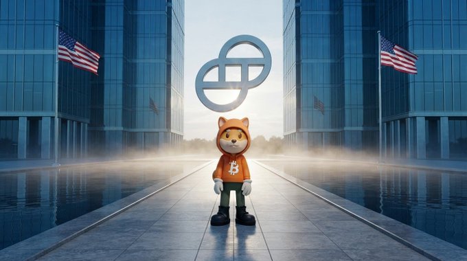 A 3D rendered cat mascot in an orange Bitcoin hoodie standing between two mirrored corporate towers with American flags and a large interlocking ring logo floating above.