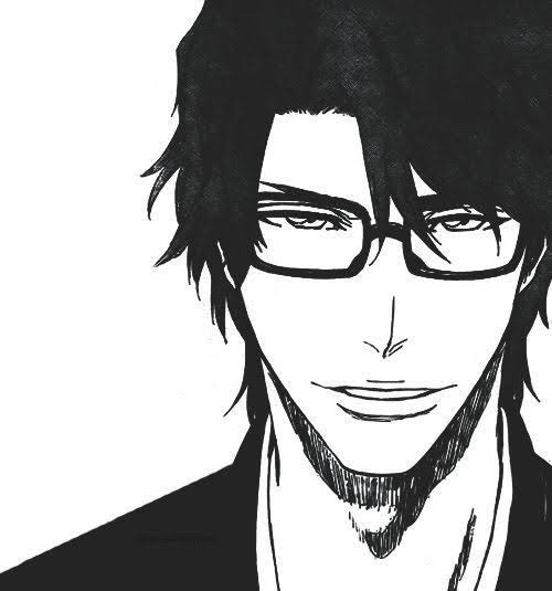 A black and white manga-style illustration of a smiling man with glasses and dark hair.